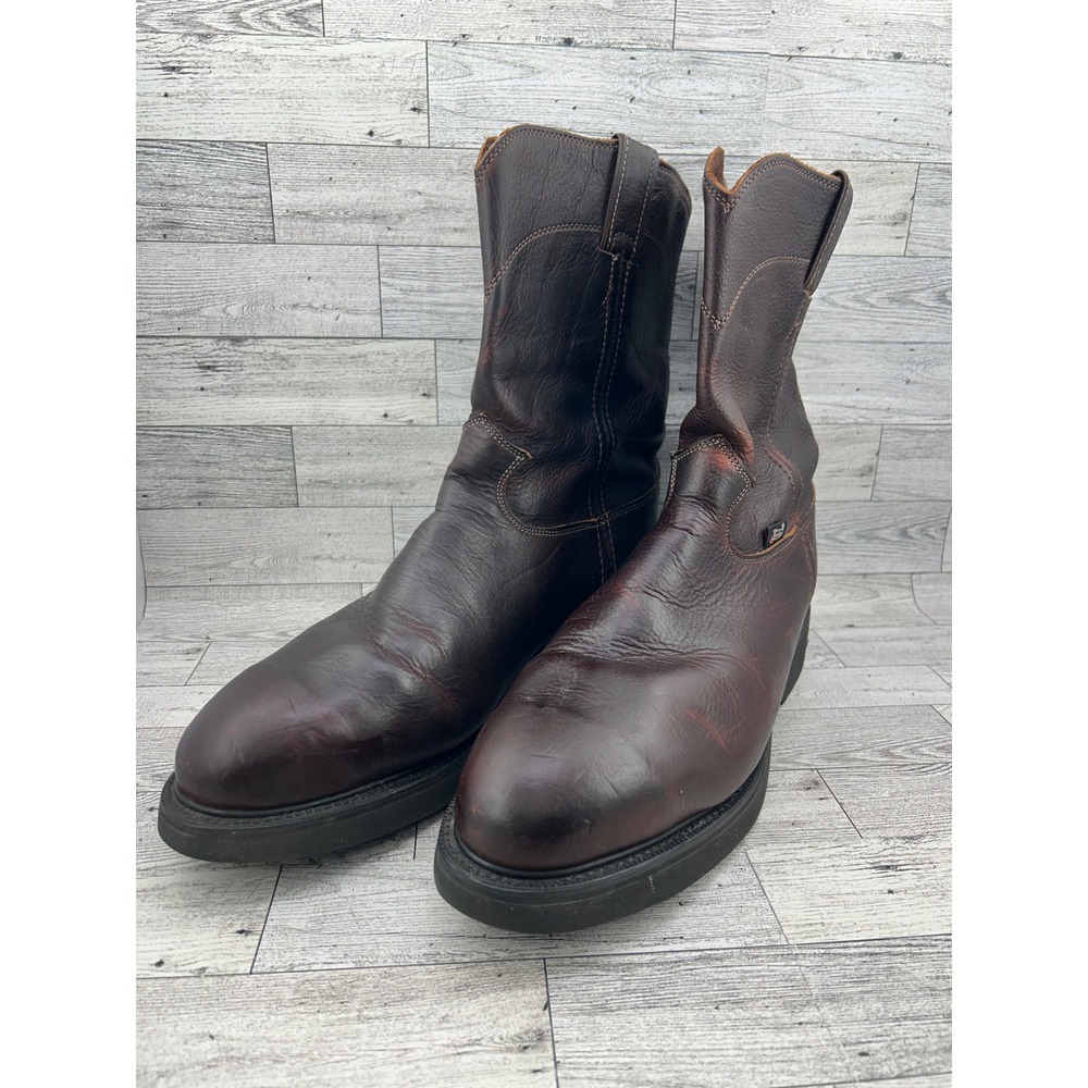 Justin Dark Brown Leather Work Boots Pull On Roper Round Toe Oil Resist Men 12D